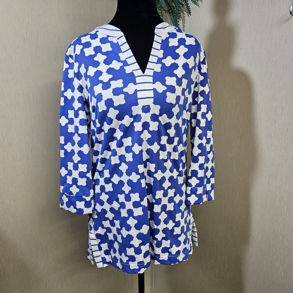 Sailor Sailor Blue White Geometric Tunic Blouse M 3/4 Sleeve Nautical USA